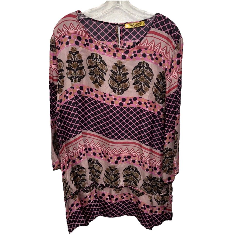 Persaman NY Pink Printed Tunic Blouse 1X Silk Keyhole Button Slits Round Neck
